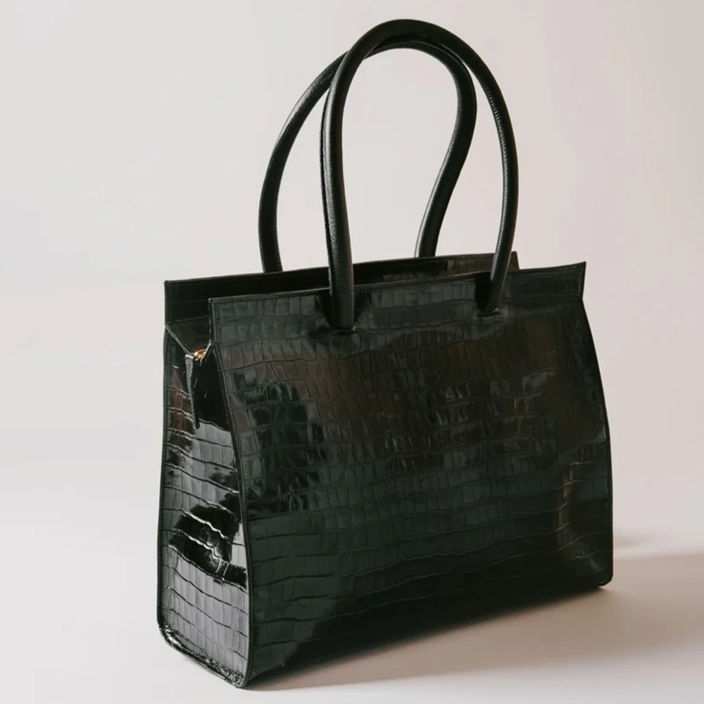 Sleek Black Croc Embossed Leather Tote